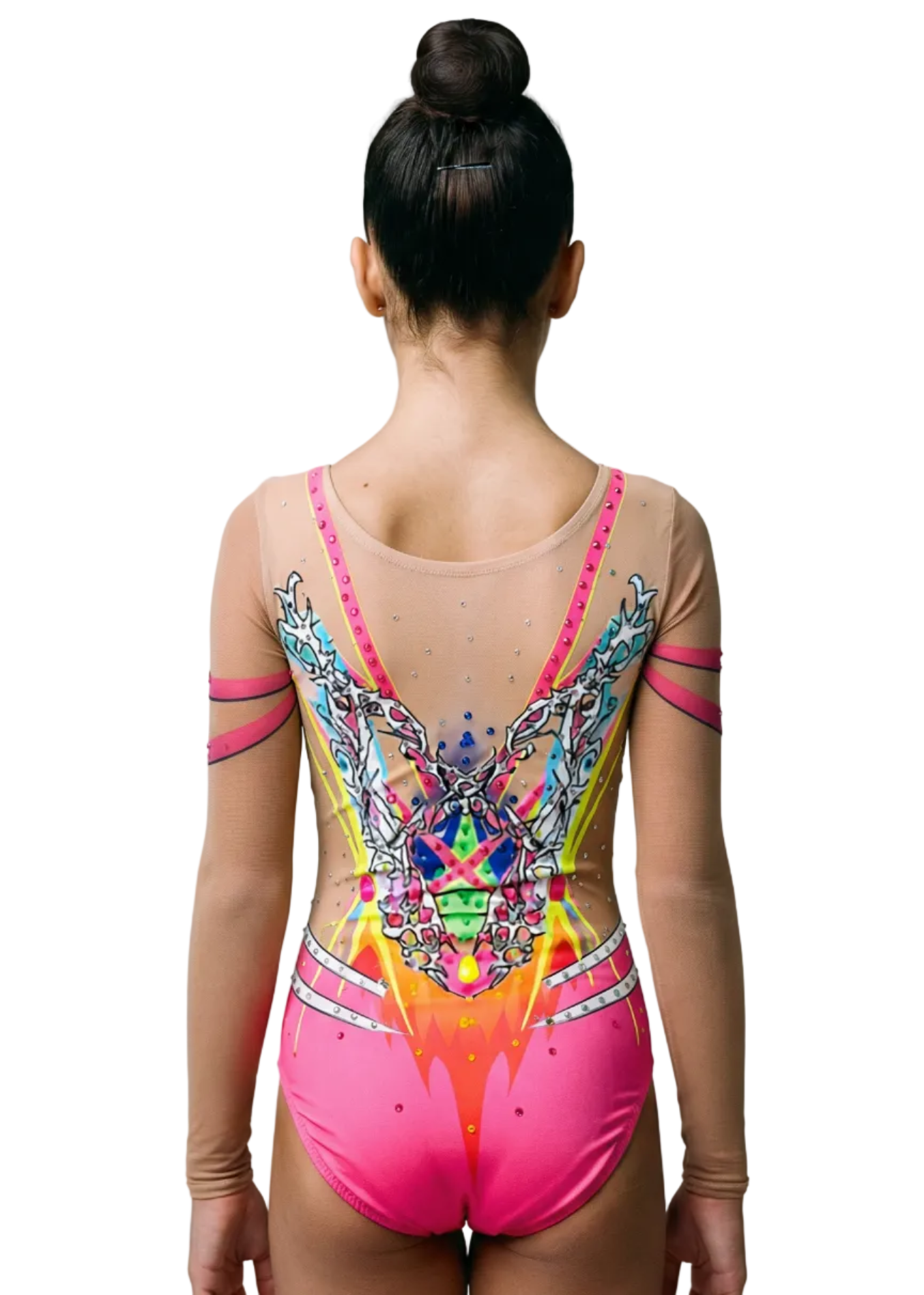 RSG-Anzug in Rosa und Gelb mit Transparenzen, Strasssteinen und mehrfarbigem, geometrischem Mittelteil in einem lebendigen und detailreichen Stil.
RSG-Anzug in Fuchsia- und Neontönen mit Transparenzen, Strasssteinen und symmetrischen Motiven für einen dynamischen und leuchtenden Look.
Rückansicht eines RSG-Anzugs in Rosa mit Transparenzen, Strasssteinen und mehrfarbigem geometrischem Design in glänzendem, exzellentem Stil.