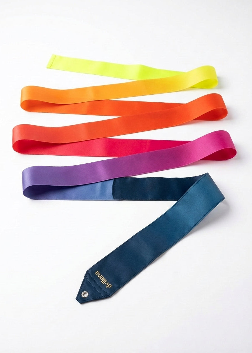 Professionelles Band für Rhythmische Sportgymnastik, Modell Coral Sea, Farbverlauf Blau und Orange.