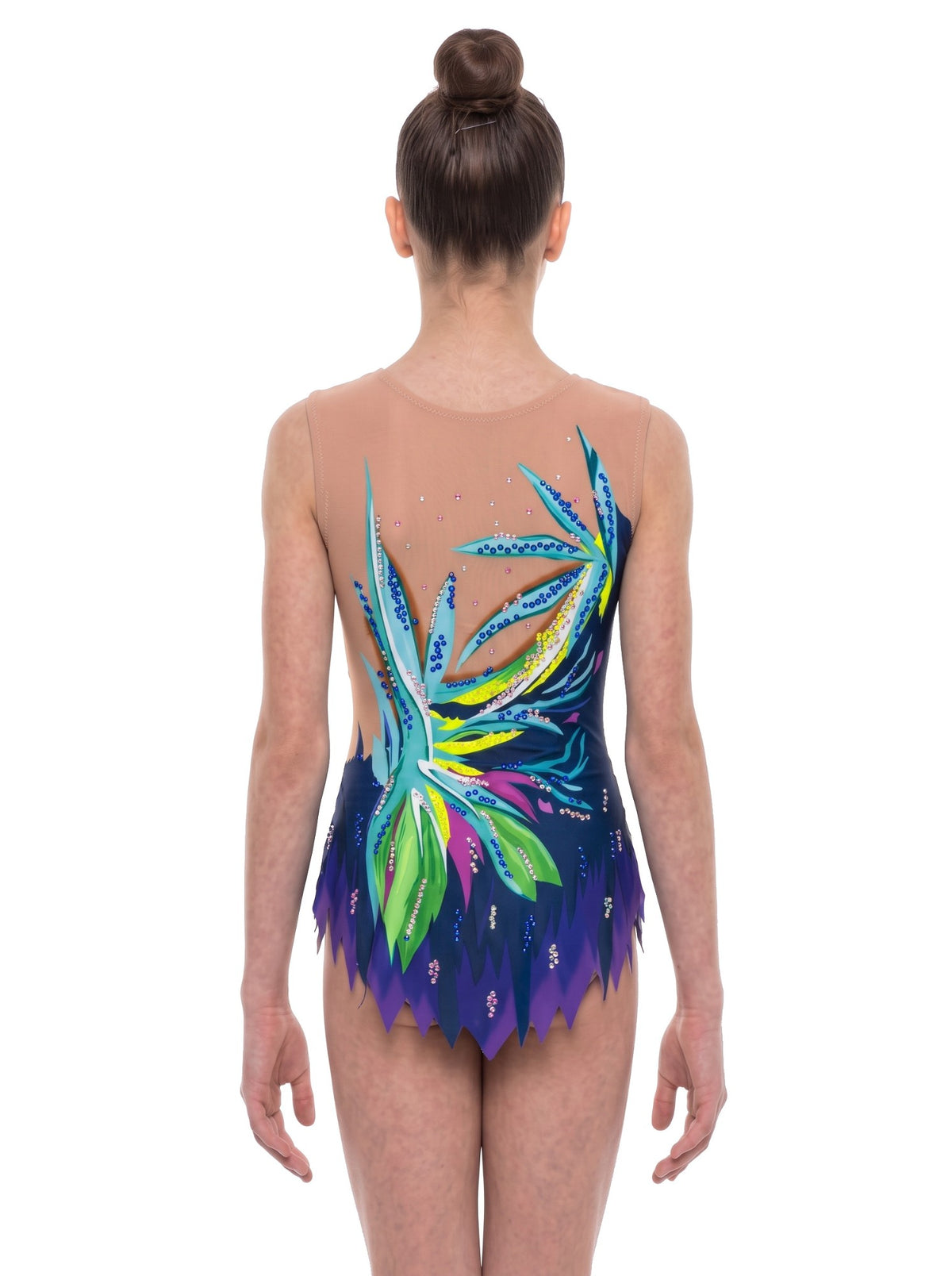 Rückansicht von Dalí mit türkisen und grünen Formen auf Marineblau und hautfarbenen Partien.
