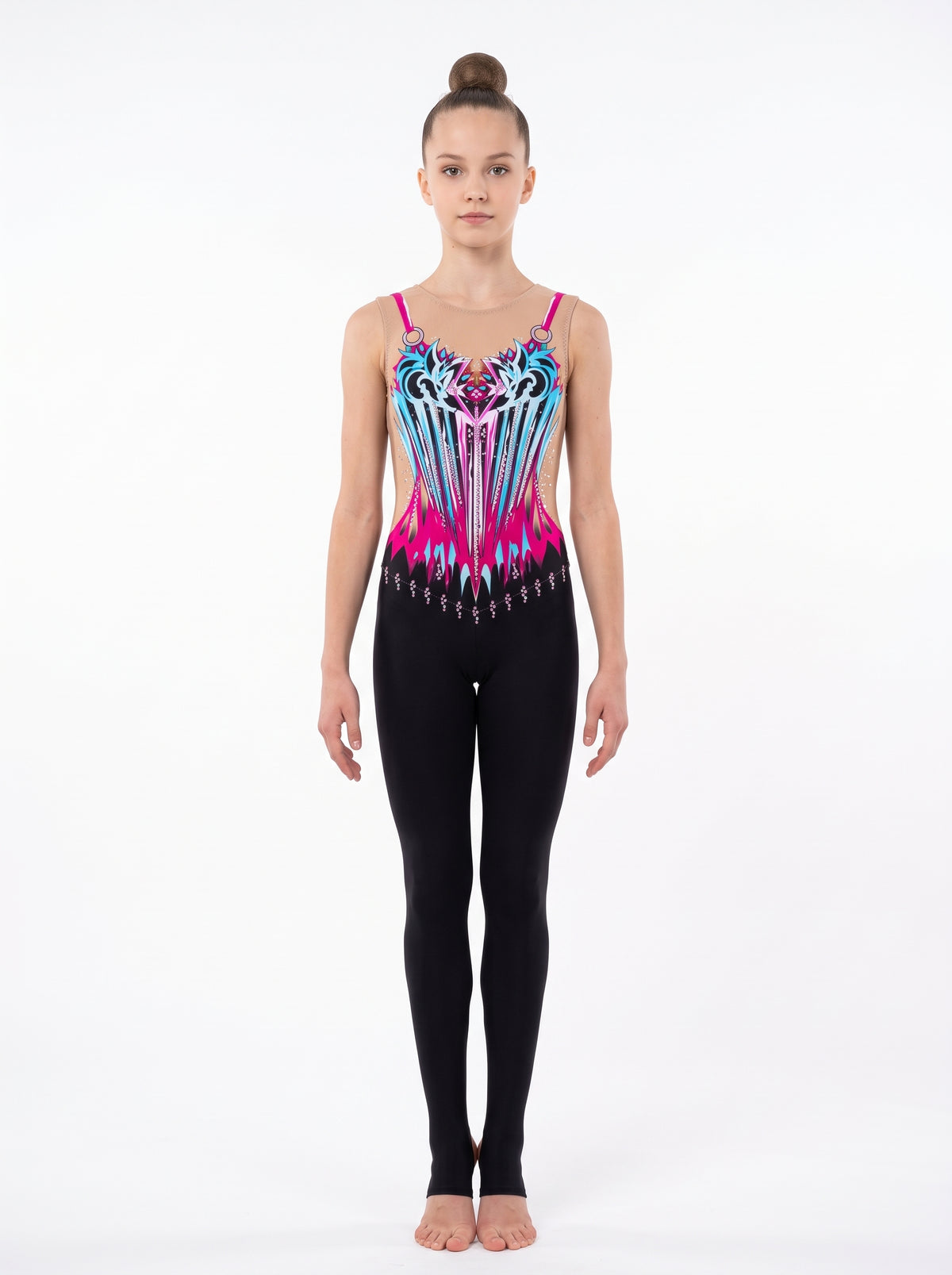 Langer RSG-Anzug Florence von vorne: Streifen in Fuchsia und Himmelblau, fuchsiafarbene Träger mit Ringen, ärmellos, mit langen schwarzen Beinen.