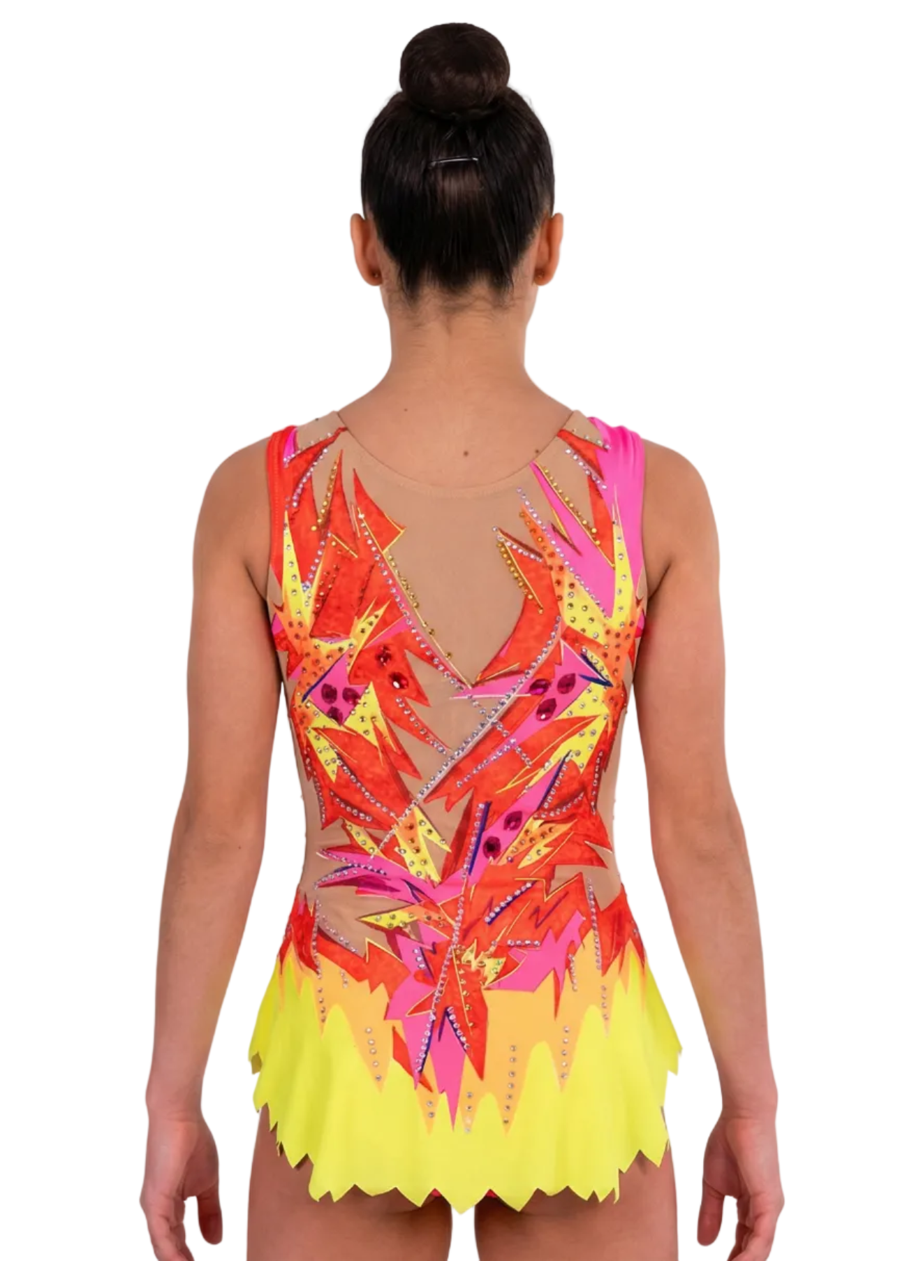 RSG-Anzug in Rot, Rosa und Gelb mit Strasssteinen, angedeuteter Transparenz und Flammenmotiven für einen lebendigen Stil.
Heller RSG-Anzug mit kräftigem Rot, gelben und rosa Details, glänzenden Strasssteinen und dynamischem Flammen-Design.
Rückansicht eines RSG-Anzugs mit heller Basis in Rot, Rosa und Gelb, Strasssteinen und fließenden Flammenlinien.