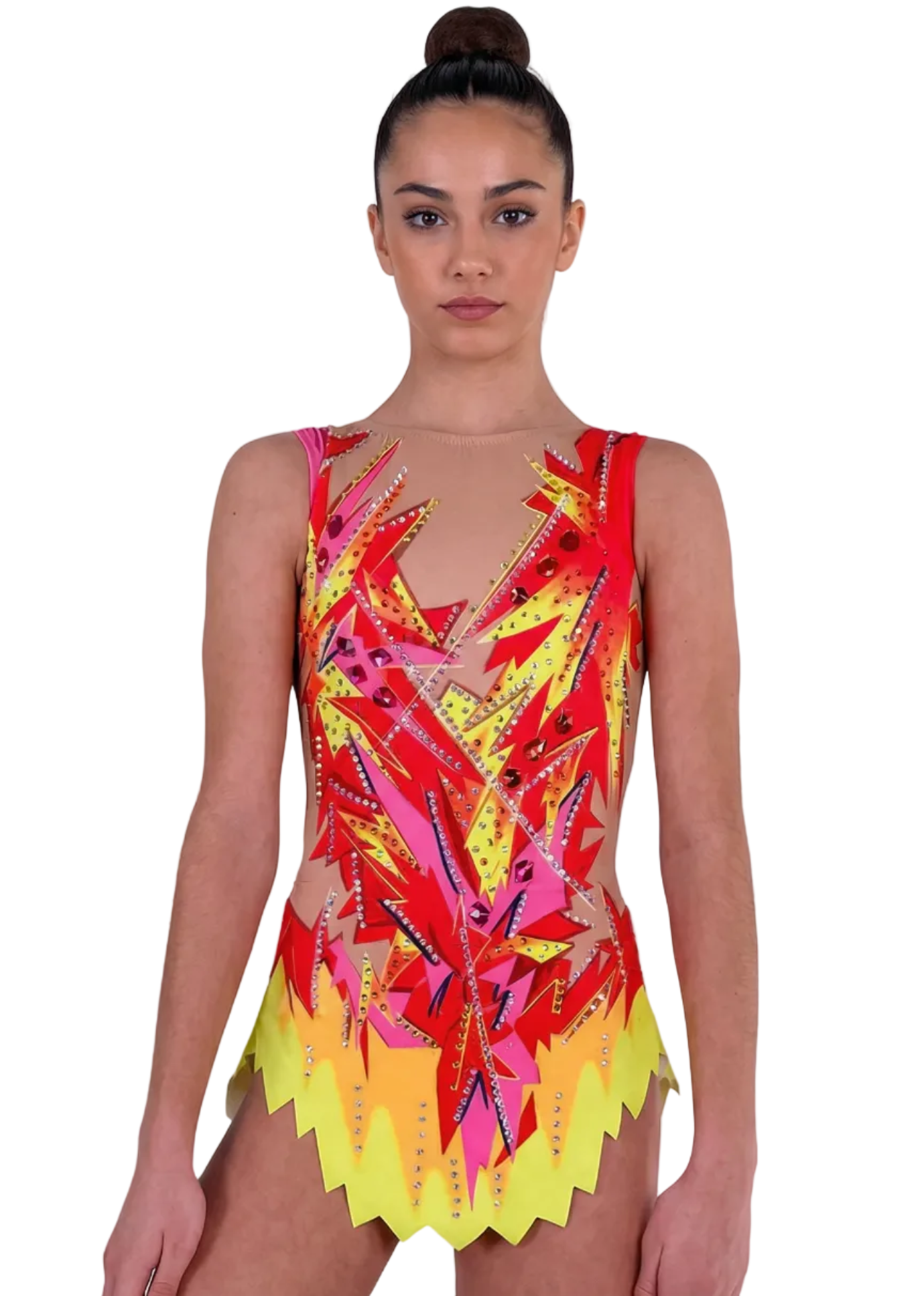 RSG-Anzug in Rot, Rosa und Gelb mit Strasssteinen, angedeuteter Transparenz und Flammenmotiven für einen lebendigen Stil.
Heller RSG-Anzug mit kräftigem Rot, gelben und rosa Details, glänzenden Strasssteinen und dynamischem Flammen-Design.
Rückansicht eines RSG-Anzugs mit heller Basis in Rot, Rosa und Gelb, Strasssteinen und fließenden Flammenlinien.