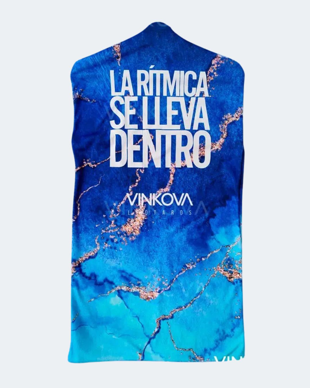 Vinkova RSG-Anzughülle Elba, Muster in blau und gold, Seite mit Schriftzug.