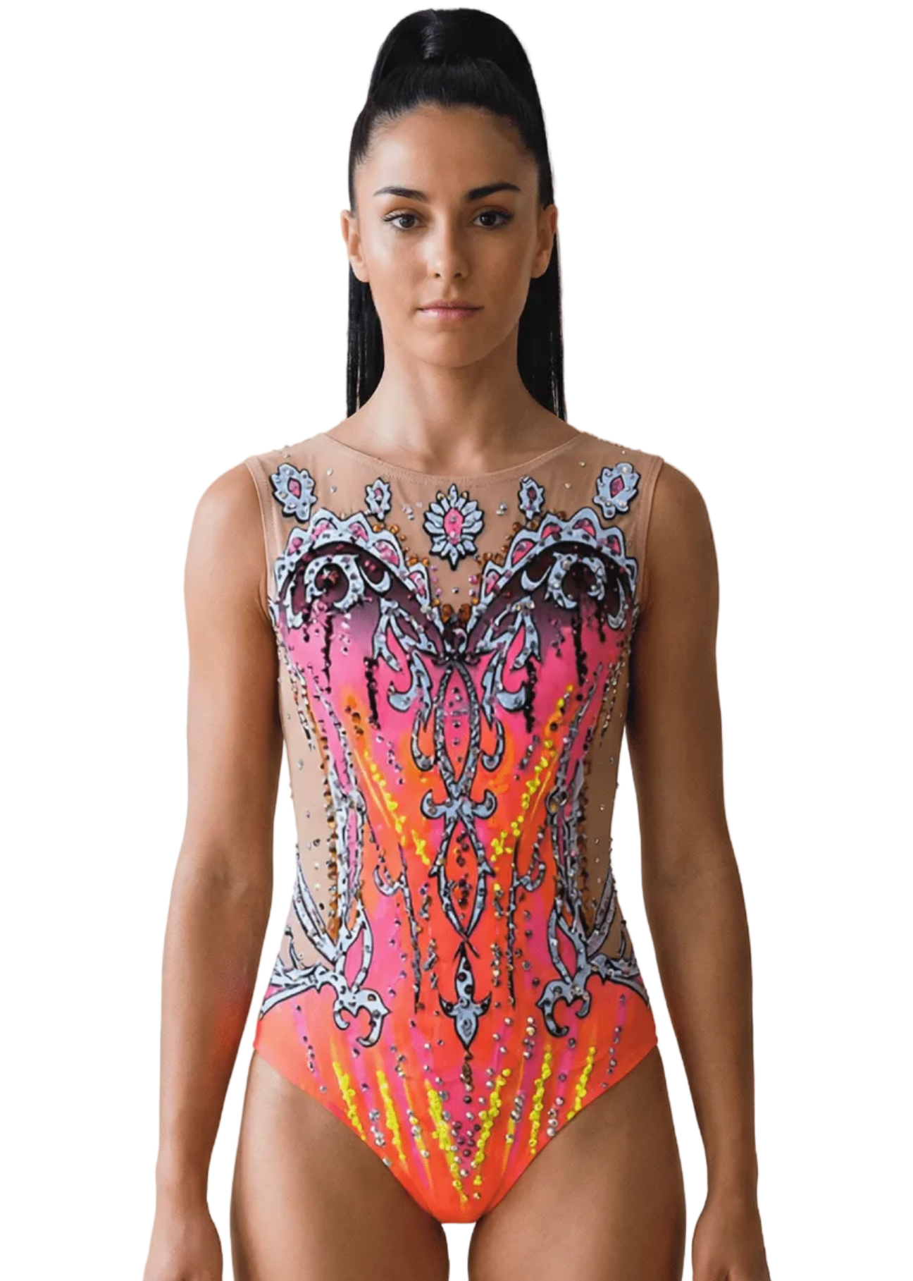 RSG-Wettkampfanzug in Rosa und Neonorange mit hautfarbenem Netz, funkelnden Strasssteinen und symmetrischen Ornamenten im eleganten Stil.
RSG-Anzug in Rosa und Neonorange mit reichhaltigem Strassbesatz, hautfarbenem Netz und detailliertem ornamentalem Design mit lebendigem Finish.
Rückansicht eines RSG-Anzugs in Rosa und Neonorange mit hautfarbenem Netz, verteilten Strasssteinen und ornamentalen Motiven im raffinierten Stil.
