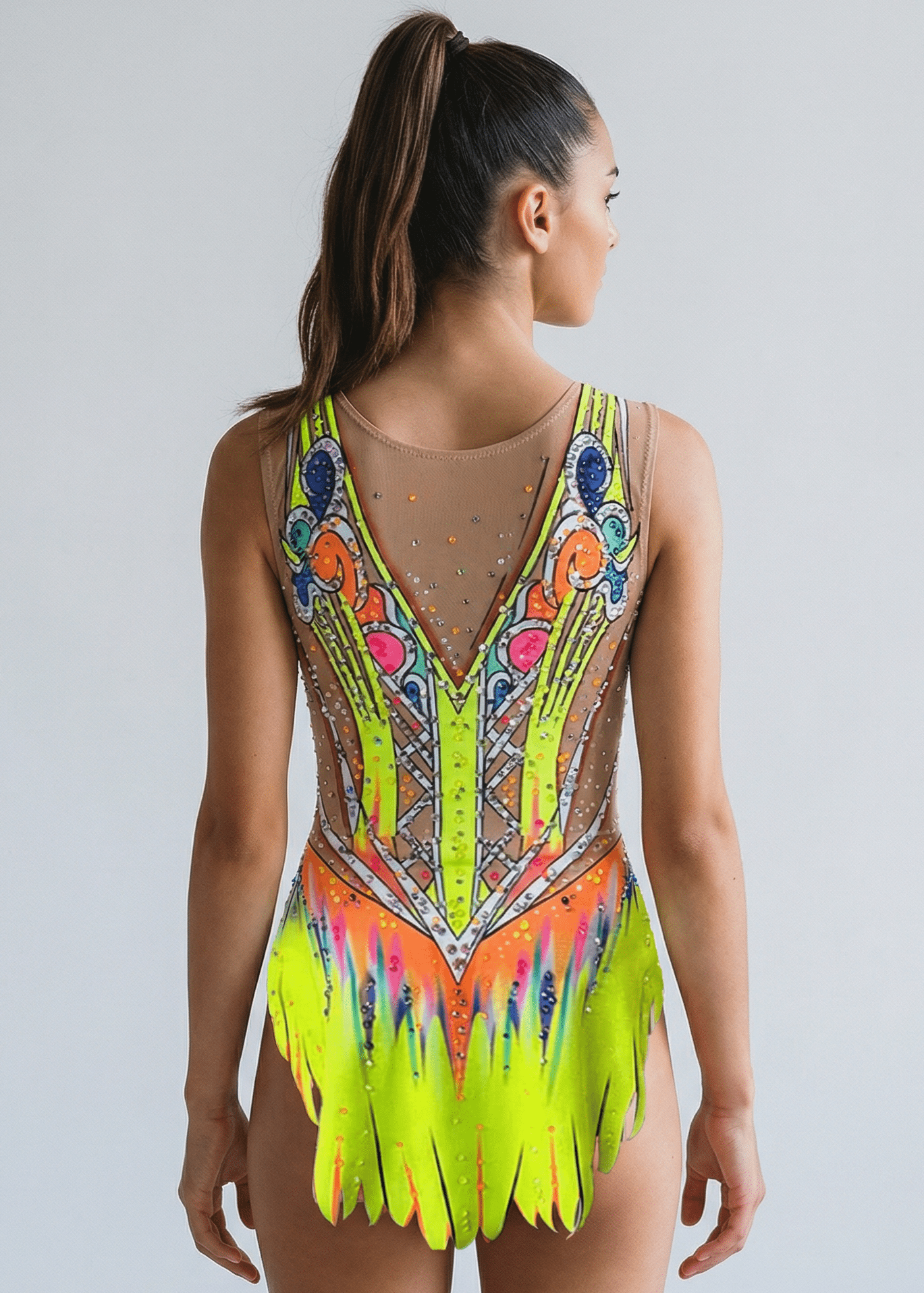 Espalda de maillot rítmico neón multicolor con transparencias tono piel, pedrería brillante y diseño simétrico con falda recortada vibrante.
Espalda de maillot de gimnasia rítmica en tonos neón con pedrería abundante, transparencias tono piel y motivos ornamentales definidos.
Espalda de maillot rítmico multicolor neón con líneas decorativas, pedrería dispersa y falda recortada de estilo llamativo.