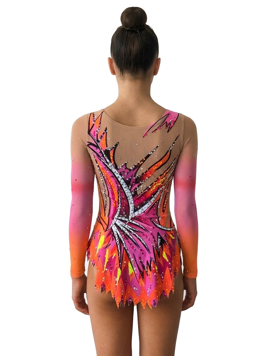 Vinkova Turnanzug Bora, hinten: rosa und orange, schwarze Kurven, lange Ärmel.