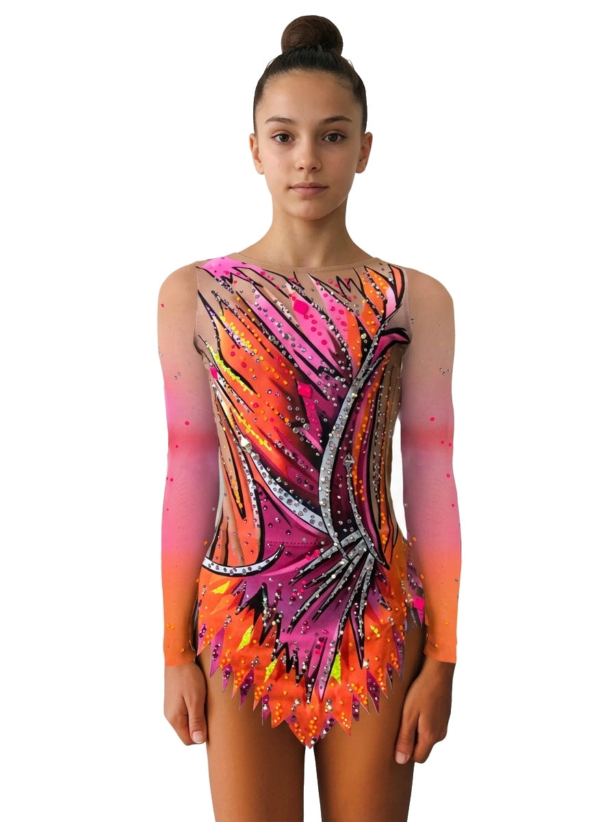 Vinkova RSG-Turnanzug Bora, vorn: rosa und orange, schwarze Kurven, lange Ärmel.