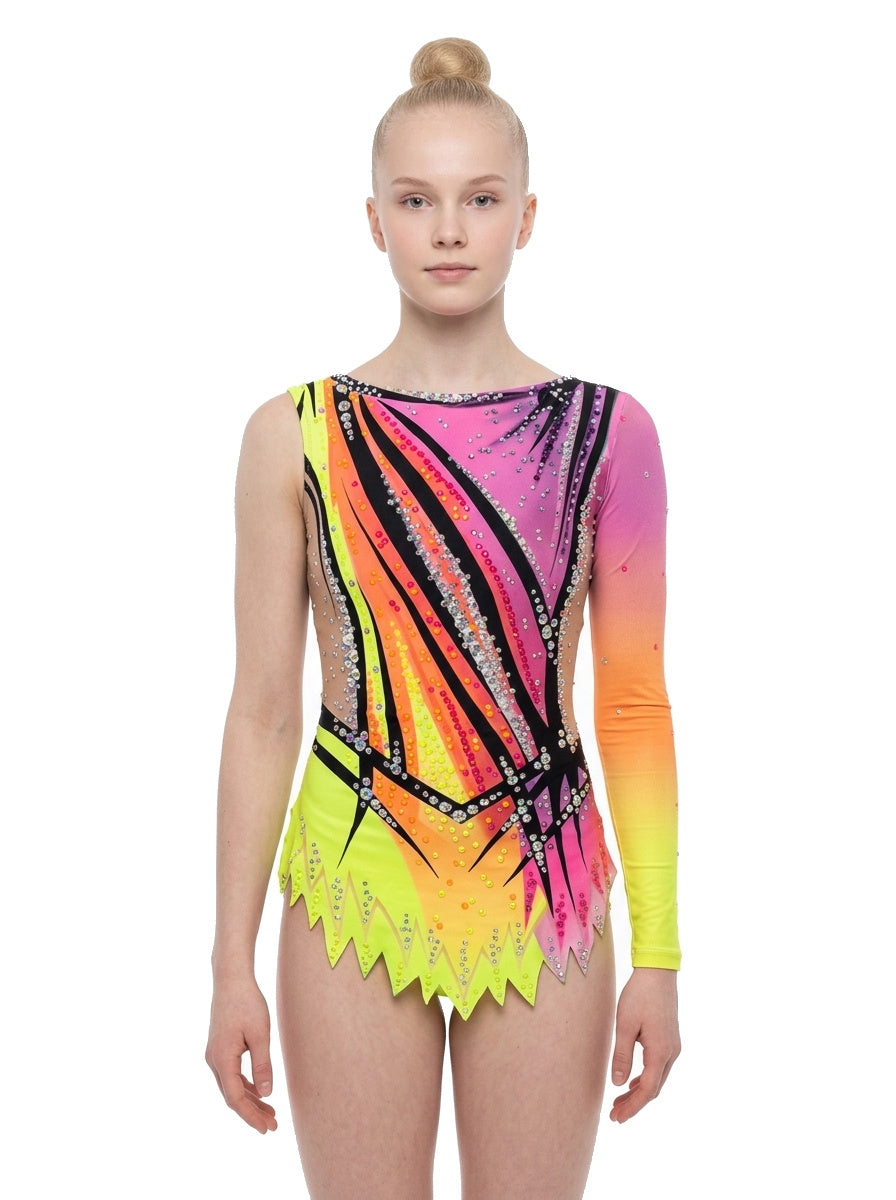 Vinkova RSG-Turnanzug Lily, vorn: rosa, orange und neongelb, schwarze Diagonalen, ein langer Ärmel.
