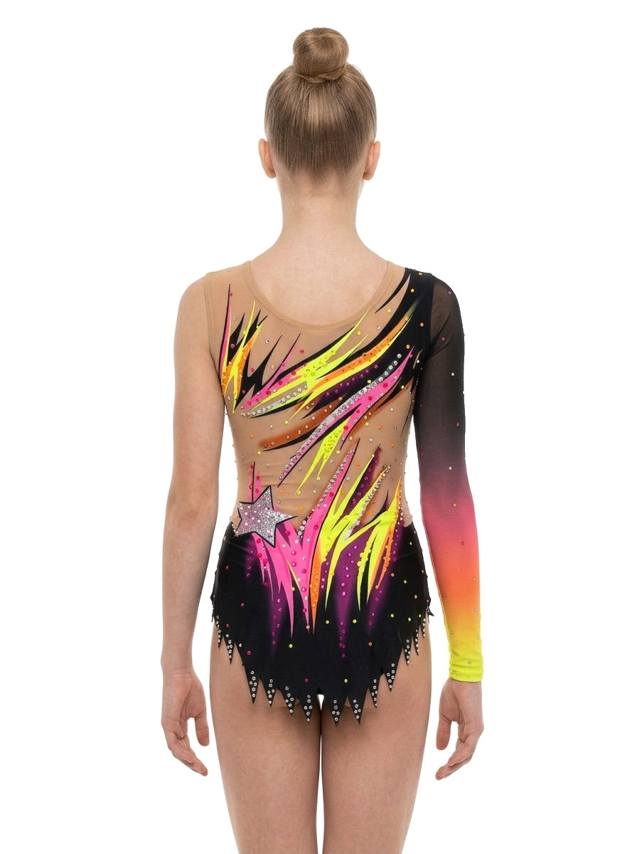 Vinkova Turnanzug Pop, hinten: schwarz, rosa und gelbe Linien, ein langer Ärmel.