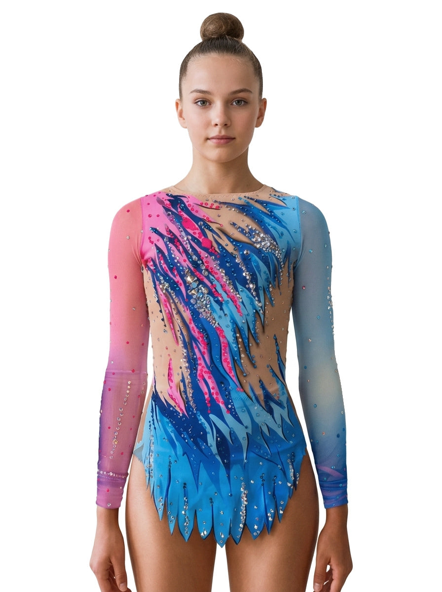 Vinkova RSG-Turnanzug Viva, vorn: blau und rosa, lange Ärmel, spitze Linien.