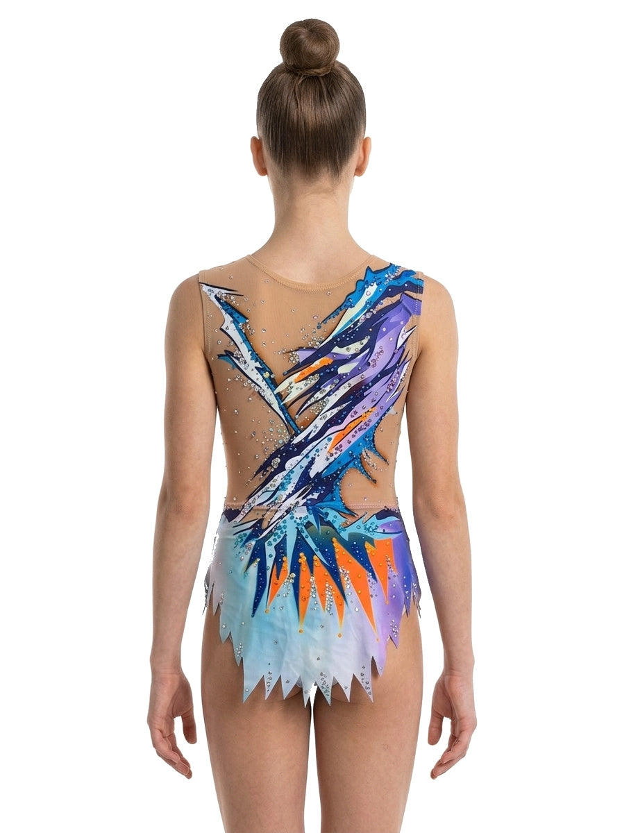 Vinkova Turnanzug Zip, hinten: orange, blau und weiß, diagonale Linien, hautfarbener Einsatz.