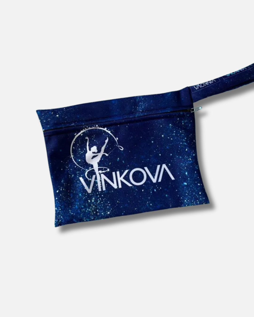 Dunkelblaue Vinkova Tasche mit Turnerinnenmotiv, Reißverschluss und Schlaufe.