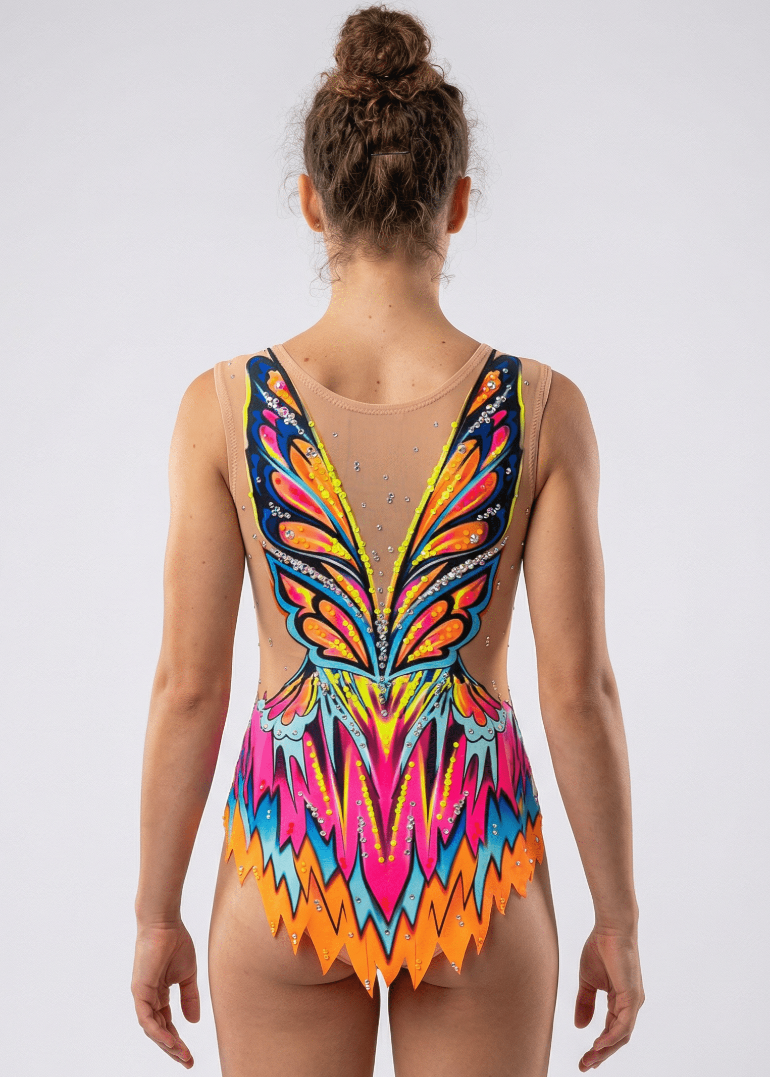 Maillot de gimnasia rítmica multicolor con rosa, azul y naranja, pedrería brillante, transparencias y diseño posterior simétrico tipo alas vibrantes.
Maillot rítmico en tonos neón y azules con pedrería abundante, transparencias suaves y patrón posterior dinámico de formas ascendentes.
Maillot de gimnasia rítmica multicolor con detalles transparentes, pedrería fina y estilo posterior vibrante inspirado en alas estilizadas.