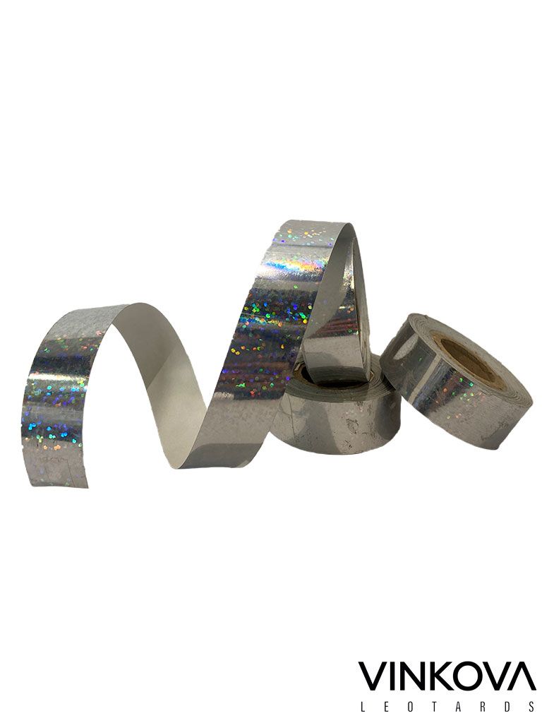Vinkova Klebeband für RSG-Handgeräte, glitzernd, silber, in Rollen und ausgerollten Streifen.