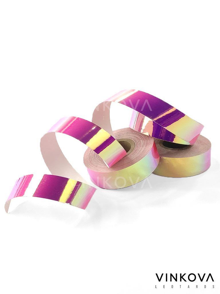Vinkova Klebeband für RSG-Handgeräte, irisierend, rosa und gold, in Rollen und ausgerollten Streifen.