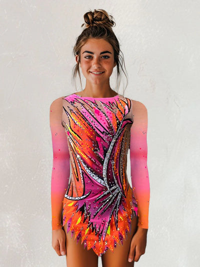 Vorderansicht des Turnanzugs Bora mit rosa-orangefarbenen Ärmeln und diagonalen schwarzen, rosa, orangefarbenen und gelben Streifen.