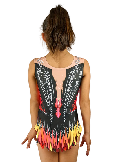 Ärmelloser RSG-Anzug mit Flammen-Design in Rot und Gelb auf schwarzer Stretch-Basis.