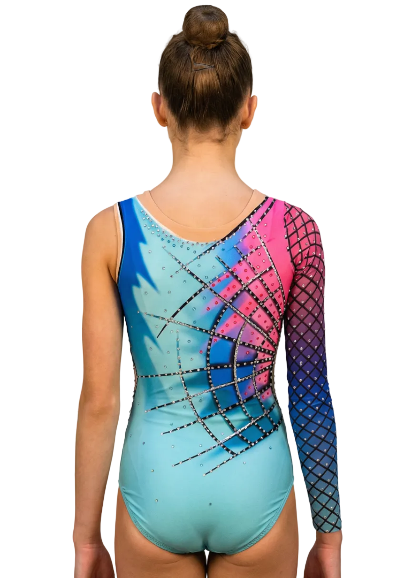Türkisfarbener RSG-Anzug mit rosa-blauen Farbverläufen, Strasssteinen und geometrischem langen Ärmel für einen modernen und lebendigen Stil.
RSG-Anzug in Türkis mit asymmetrischem rosa-blauem Design, geometrischem Netz und Strasssteinen für ein dynamisches und aktuelles Finish.
Rückansicht eines türkisfarbenen RSG-Anzugs mit rosa-blauen Farbverläufen, geometrischem Netz und Strasssteinen in modernem und auffälligem Stil.
