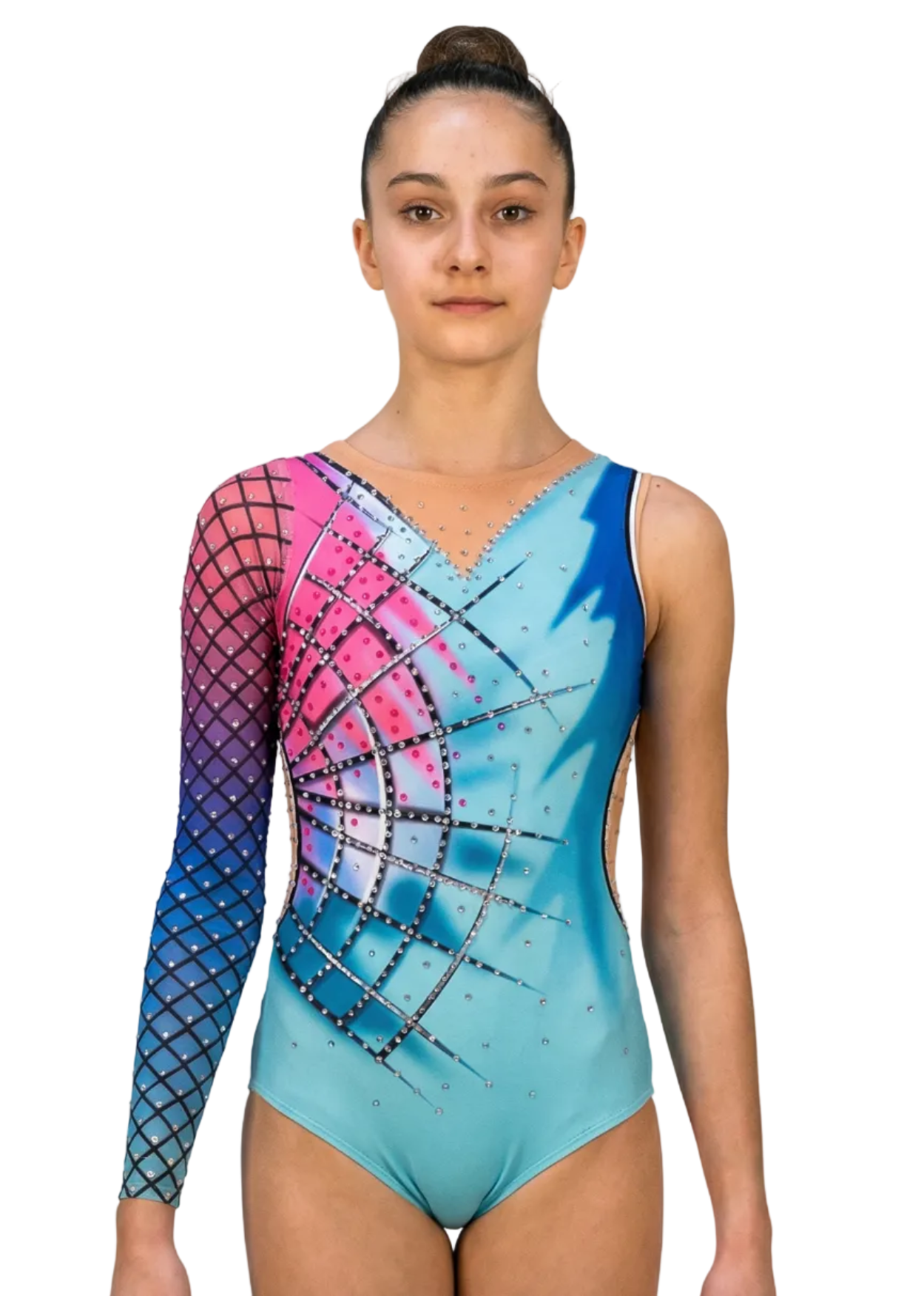 Türkisfarbener RSG-Anzug mit rosa-blauen Farbverläufen, Strasssteinen und geometrischem langen Ärmel für einen modernen und lebendigen Stil.
RSG-Anzug in Türkis mit asymmetrischem rosa-blauem Design, geometrischem Netz und Strasssteinen für ein dynamisches und aktuelles Finish.
Rückansicht eines türkisfarbenen RSG-Anzugs mit rosa-blauen Farbverläufen, geometrischem Netz und Strasssteinen in modernem und auffälligem Stil.