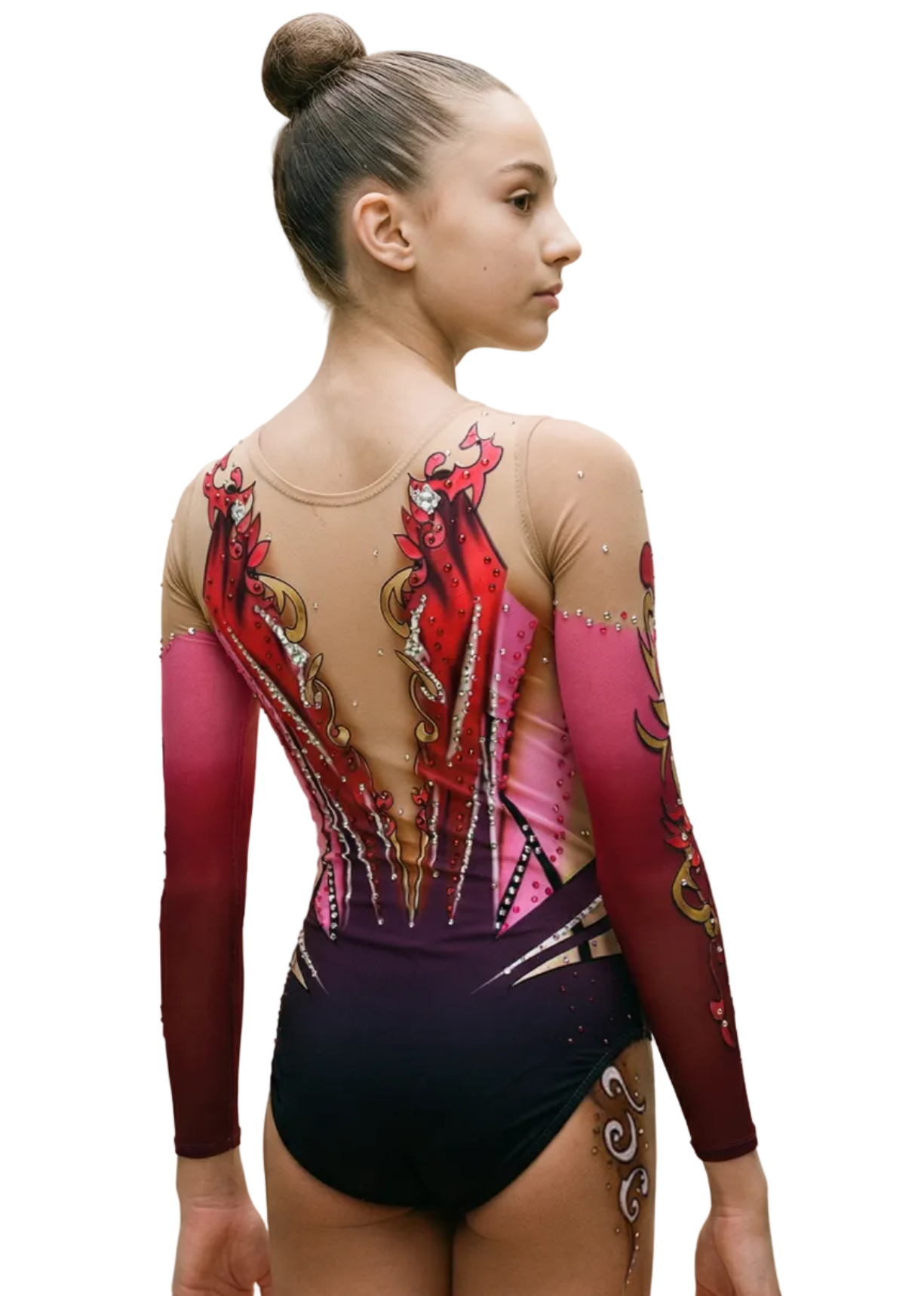 RSG-Anzug in Rot und Fuchsia mit langen Ärmeln, üppigen Strasssteinen und intensiven Farbverläufen in elegantem Ziermuster.
Fuchsiafarbener und roter RSG-Anzug mit Transparenzen, glänzenden Strasssteinen und detailliertem symmetrischem Design in modernem Barockstil.
Rückansicht eines roten RSG-Anzugs mit dunklen Farbverläufen, glänzenden Strasssteinen und goldenen Ziermotiven in elegantem und dynamischem Stil.