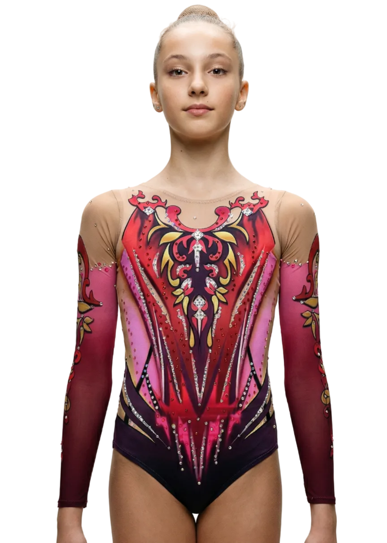RSG-Anzug in Rot und Fuchsia mit langen Ärmeln, üppigen Strasssteinen und intensiven Farbverläufen in elegantem Ziermuster.
Fuchsiafarbener und roter RSG-Anzug mit Transparenzen, glänzenden Strasssteinen und detailliertem symmetrischem Design in modernem Barockstil.
Rückansicht eines roten RSG-Anzugs mit dunklen Farbverläufen, glänzenden Strasssteinen und goldenen Ziermotiven in elegantem und dynamischem Stil.