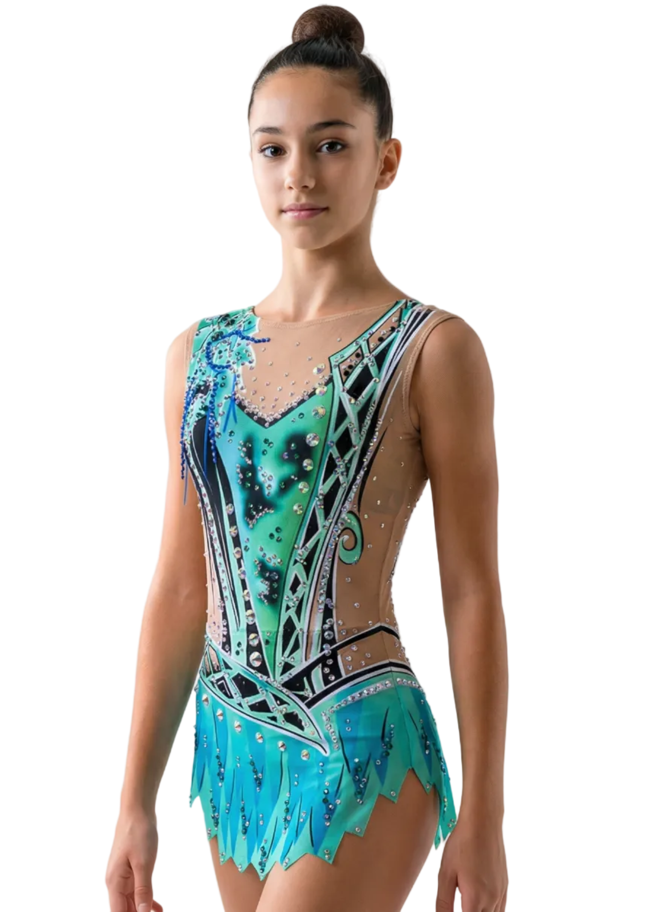 RSG-Anzug in Türkis und Grün mit üppigen Strasssteinen, angedeuteter Transparenz und geometrischen Details für einen eleganten Stil.
Heller RSG-Anzug mit intensivem Grün, Blau, glänzenden Strasssteinen und dynamisch wirkendem geometrischem Design.
Rückansicht eines RSG-Anzugs mit heller Basis in Grün und Türkis, Strasssteinen und fließenden geometrischen Motiven.