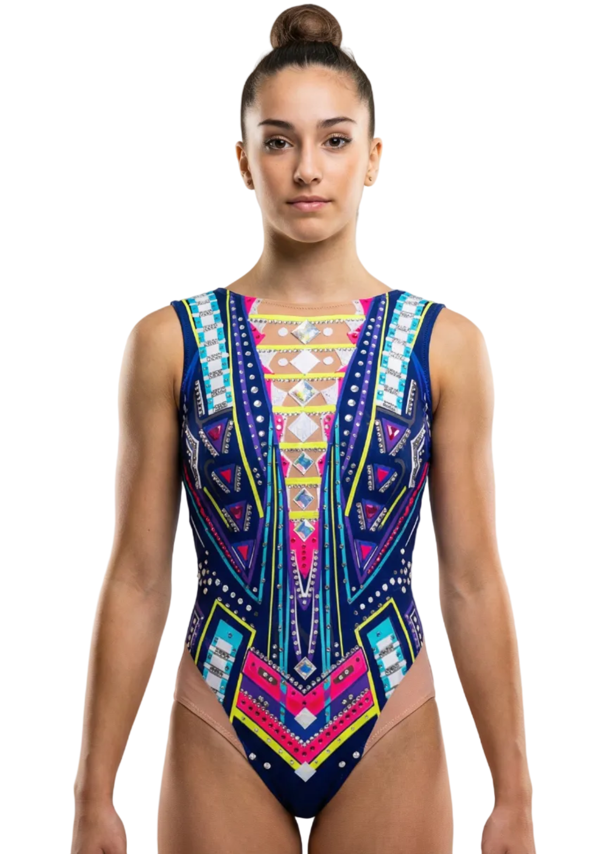 Marineblauer RSG-Wettkampfanzug mit buntem geometrischem Print, funkelnden Strasssteinen und seitlichem hautfarbenem Netz im lebendigen Stil.
RSG-Anzug in Marineblau mit neongelbem geometrischem Design, reichhaltigem Strassbesatz, seitlichem hautfarbenem Netz und auffälligem visuellem Finish.
Rückansicht eines RSG-Anzugs in Marineblau mit buntem geometrischem Print, dezentem Strassbesatz und symmetrischem Design im modernen Stil.