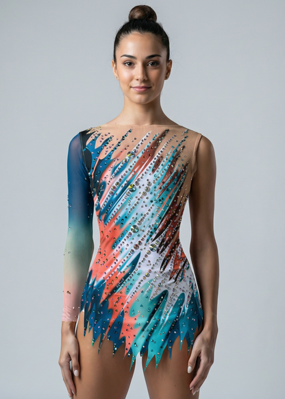 Maillot de gimnasia rítmica en turquesa, coral y blanco con pedrería abundante, transparencias tono piel y una manga larga degradada en estilo dinámico.
Maillot rítmico en tonos coral, azul y blanco con pedrería brillante, transparencias tono piel, corte irregular y una manga larga degradada.
Espalda de maillot rítmico turquesa y coral con transparencias tono piel, pedrería dispersa y degradados fluidos en un estilo enérgico.