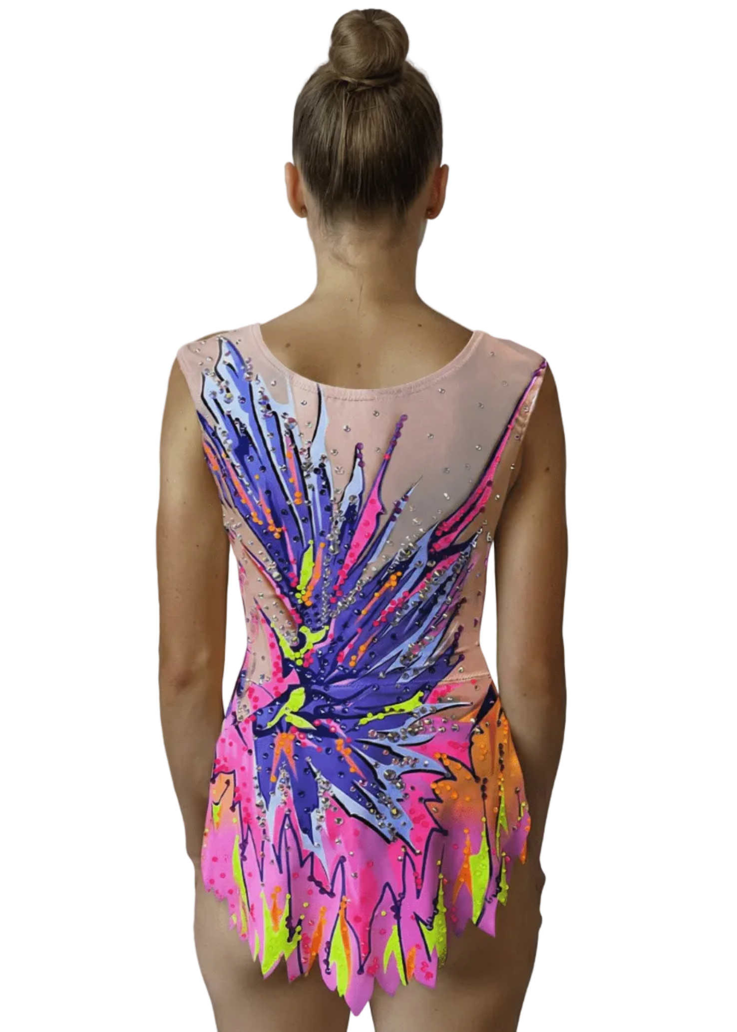 RSG-Anzug mit transluzenter Basis und Neon-Knall in Rosa, Lila und Blau mit feinen Schmucksteinen und dynamischem Rückenabschluss.
Transluzenter RSG-Anzug mit abstraktem Neon-Multicolor-Design, verteilten Schmucksteinen und leuchtenden Farbverläufen, die einen Explosions-Effekt auf der Rückseite erzeugen.
RSG-Anzug mit zarten Transparenzen, Neontönen in Rosa, Lila und Gelb, glänzenden Schmucksteinen und energetischem Stil mit Fokus auf den Rücken.