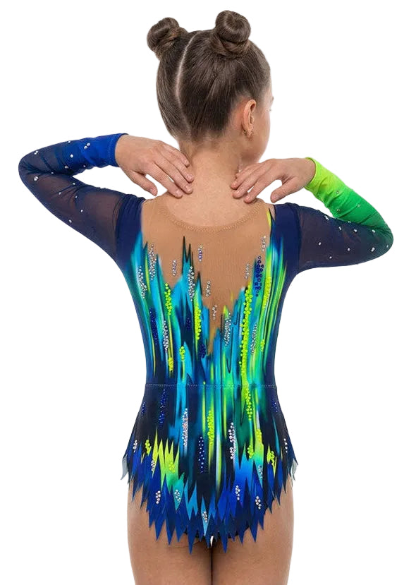 Maillot profesional de gimnasia rítmica con diseño degradado aurora y falda de picos.