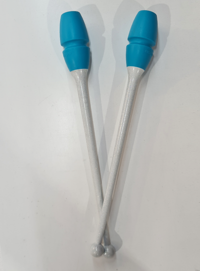Ineinandersteckbare Keulen für Rhythmische Sportgymnastik 41 cm in Weiß Glitzer und Türkis.