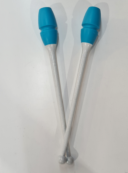 Mazas de gimnasia rítmica 41cm blanco glitter y turquesa engarzables