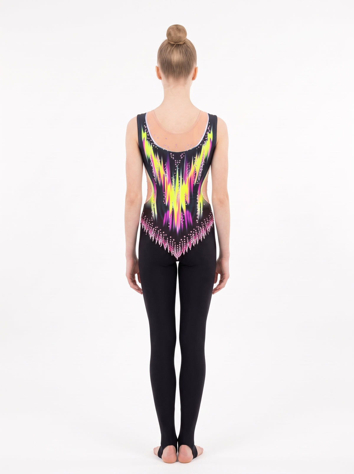Rückenansicht des langen RSG-Anzugs Danna: Flammen in Neongelb und Fuchsia, hautfarbener Ausschnitt, lange Beine mit Fußsteg.