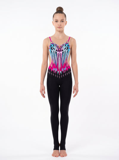 Langer RSG-Anzug Florence von vorne: Streifen in Fuchsia und Himmelblau, fuchsiafarbene Träger mit Ringen, ärmellos, mit langen schwarzen Beinen.