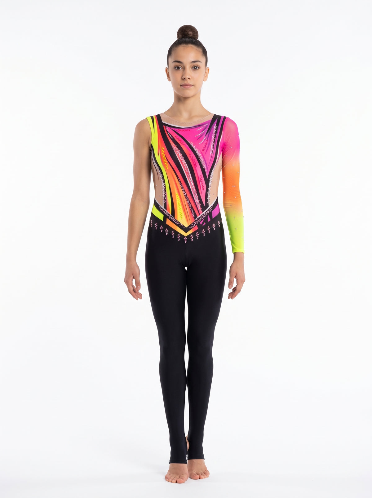 Langer RSG-Anzug Lalo von vorne: Streifen in Fuchsia, Orange und Neongelb, ein langer Ärmel mit Farbverlauf und lange schwarze Beine.