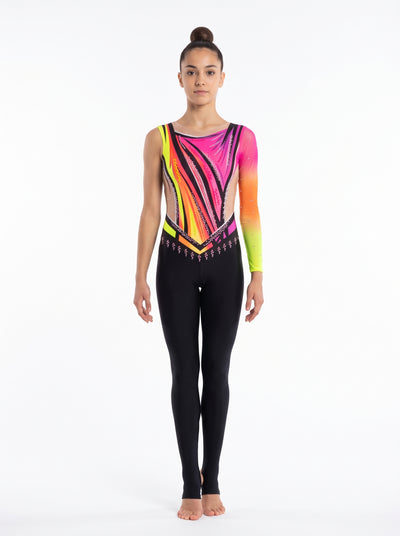 Langer RSG-Anzug Lalo von vorne: Streifen in Fuchsia, Orange und Neongelb, ein langer Ärmel mit Farbverlauf und lange schwarze Beine.