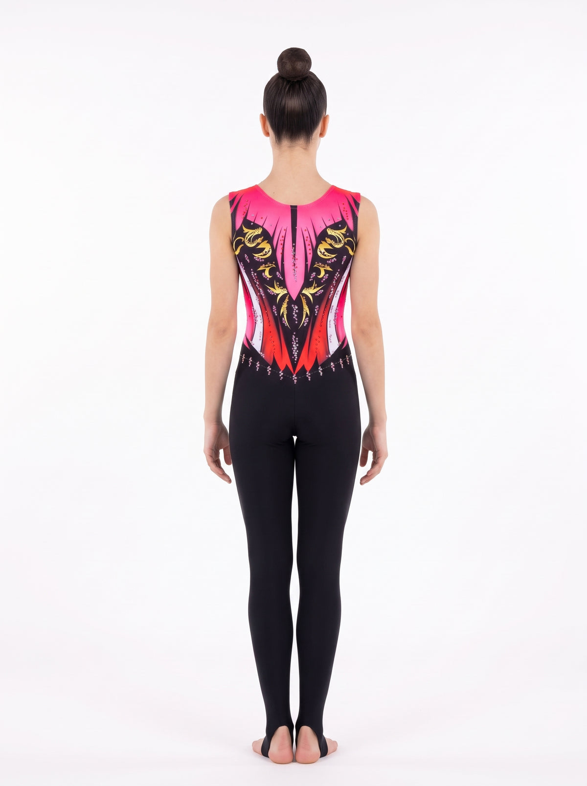 Rückenansicht des langen RSG-Anzugs New York: Fuchsia und Koralle mit goldenen Voluten, ohne Hautfarbe, lange Beine mit Fußsteg.