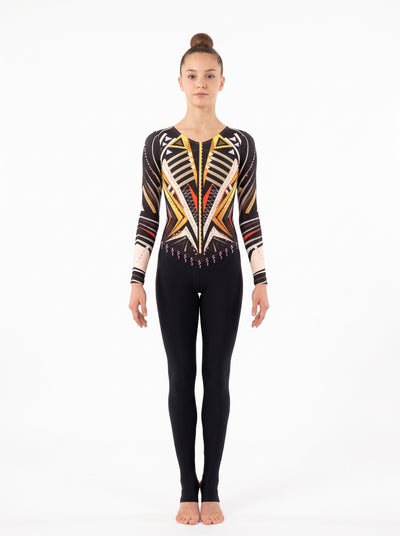 Langer RSG-Anzug Survivor von vorne: goldene, beige und rote Geometrie auf Schwarz, zwei lange Ärmel und lange schwarze Beine.
