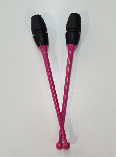 Ineinandersteckbare Keulen für Rhythmische Sportgymnastik 41 cm in Fuchsia Glitzer und Schwarz.