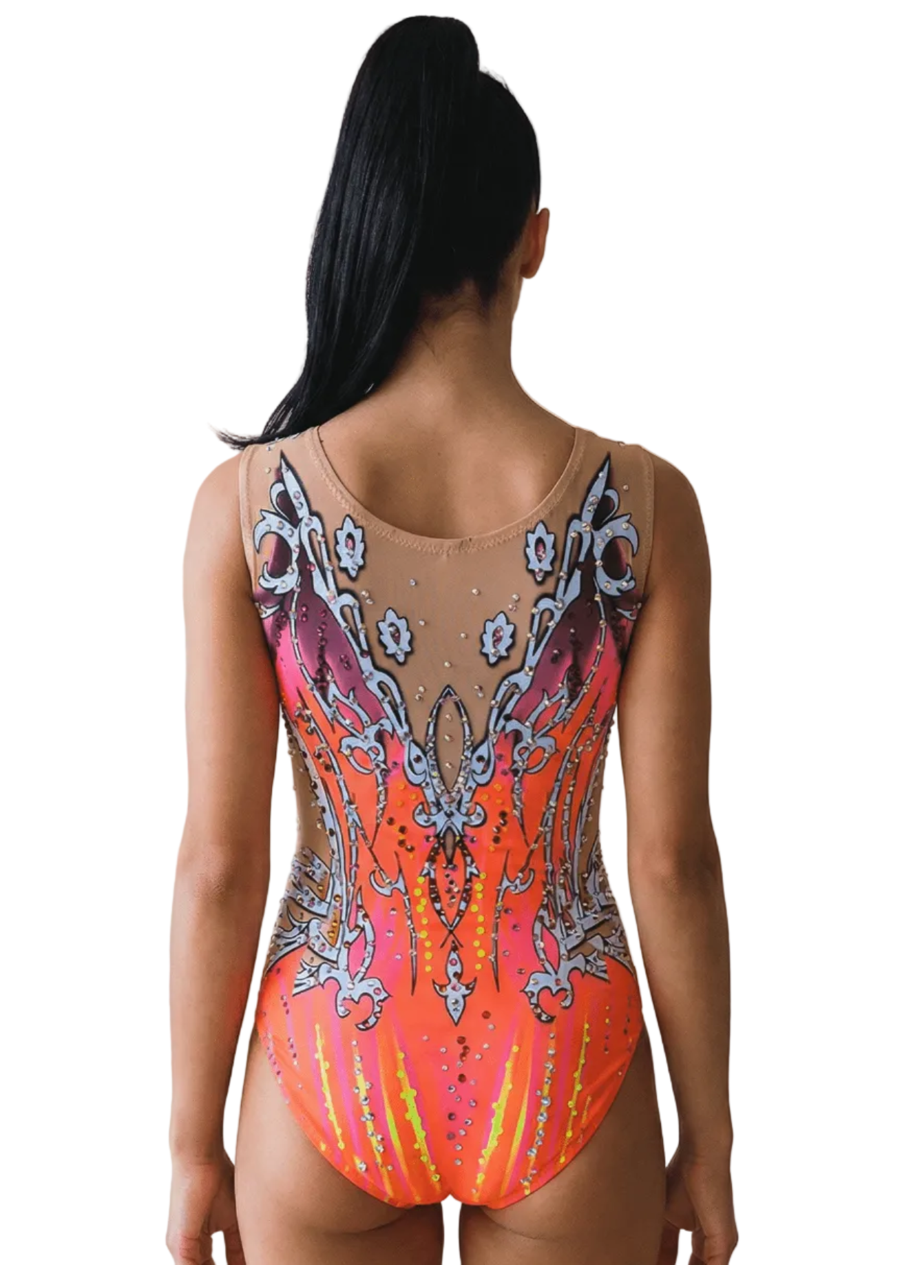 Rückenpartie eines RSG-Anzugs in Neonrosa und -orange mit hautfarbenen Transparenzen, glänzenden Schmucksteinen und eleganten symmetrischen Ornamenten.
Rückenpartie eines RSG-Anzugs in Neonrosa und -orange mit verteilten Schmucksteinen, hautfarbenen Transparenzen und detailliertem Ornament-Design.
Rückenpartie eines RSG-Anzugs in Neonrosa und -orange mit dekorativen Motiven, reichhaltigem Steinbesatz und leuchtendem Finish.