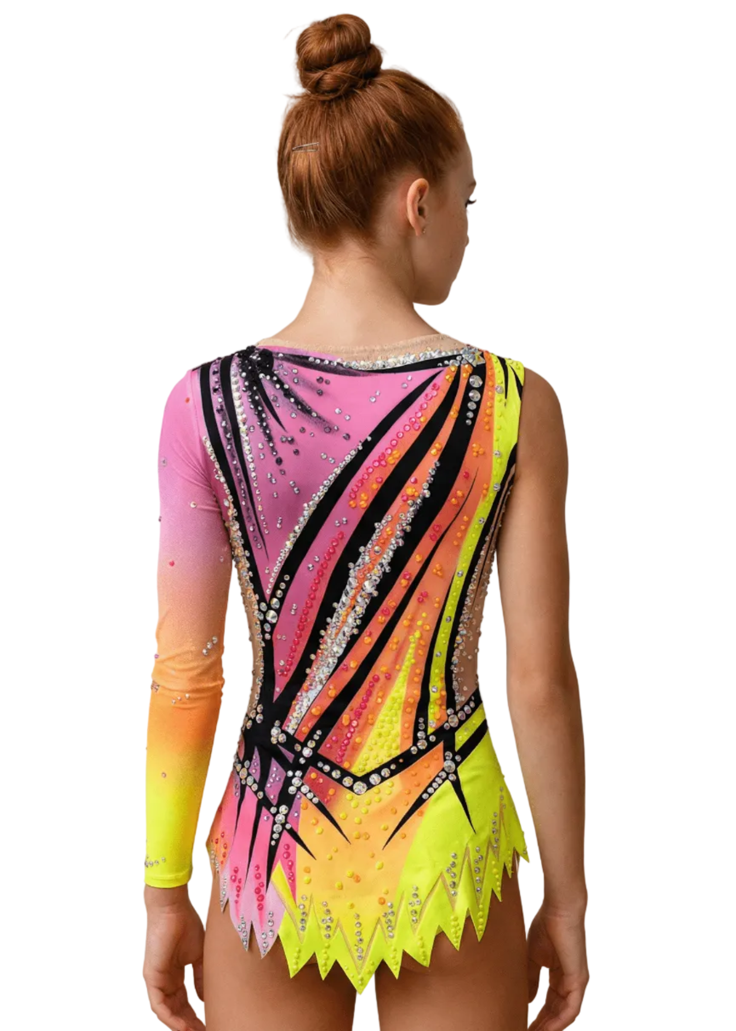 Rückansicht eines RSG-Anzugs in Rosa und Neongelb mit funkelnden Strasssteinen, lebendigen Farbverläufen und dynamischen schwarzen Linien im lebendigen Stil.
Rückansicht eines RSG-Wettkampfanzugs in Rosa und Neongelb mit reichhaltigem Strassbesatz, warmen Farbverläufen und aufsteigendem grafischem Design.
Rückansicht eines RSG-Anzugs in Neon-Rosa und Gelb mit markanten schwarzen Linien, verteilten Strasssteinen und geschnittenem Röckchen im energetischen Stil.