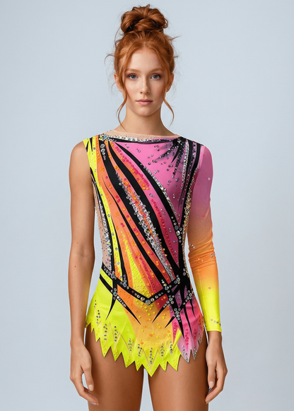 Maillot de gimnasia rítmica rosa y amarillo neón con degradados, pedrería brillante, una manga larga y falda recortada en estilo dinámico.
Maillot rítmico amarillo neón y rosa con transparencias tono piel, pedrería abundante, líneas negras marcadas y una manga larga degradada.
Espalda de maillot rítmico rosa y amarillo neón con pedrería dispersa, degradados vibrantes y diseño gráfico de líneas ascendentes.
