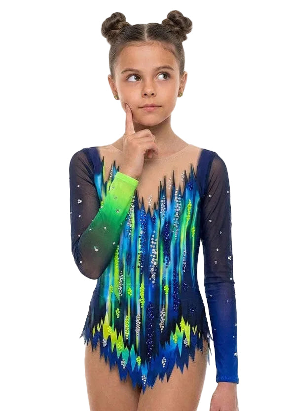 Maillot de gimnasia rítmica azul marino y verde lima flúor con brillantes strass para competición.