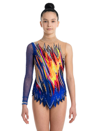 Vinkova RSG-Turnanzug Dexa, vorn: blau, mehrfarbige Strahlen, ein langer Ärmel.