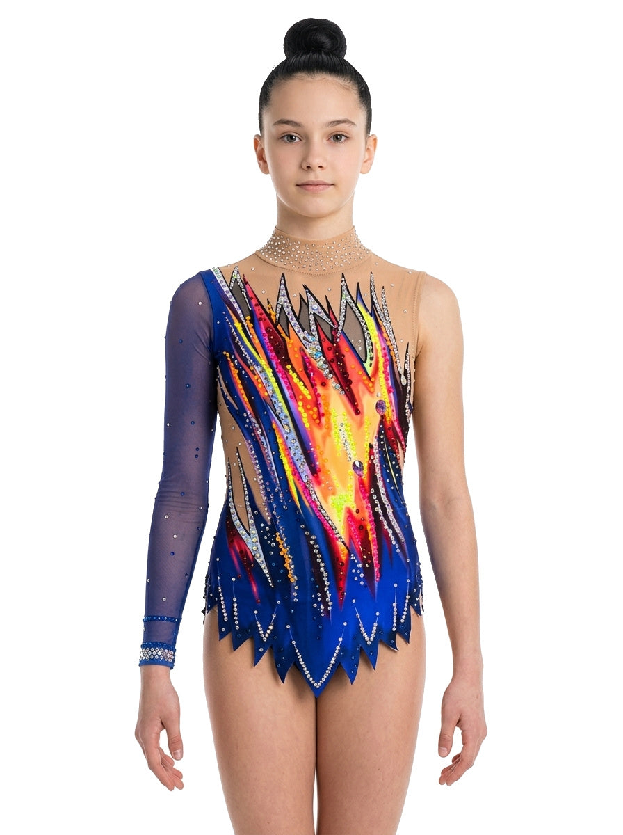 Vinkova RSG-Turnanzug Dexa, vorn: blau, mehrfarbige Strahlen, ein langer Ärmel.