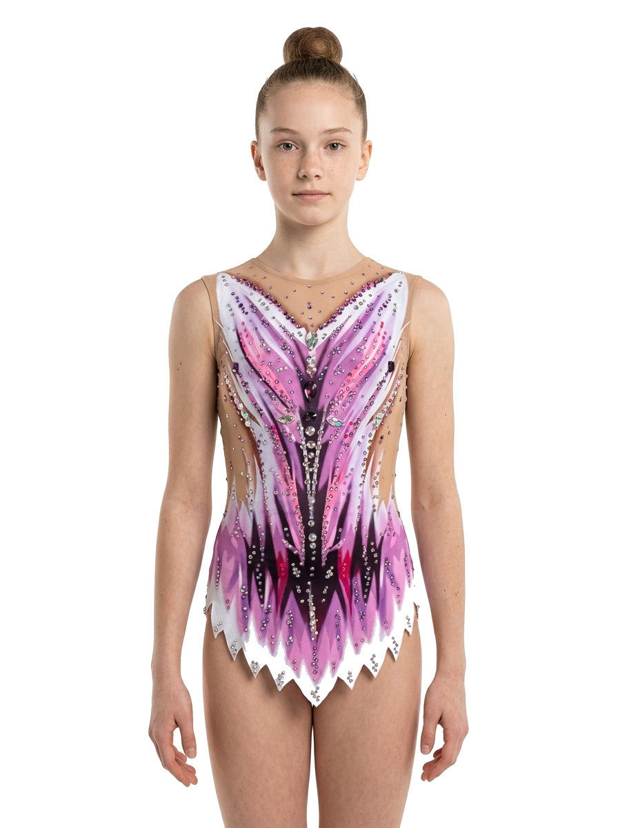 Vinkova RSG-Turnanzug Glow, vorn: rosa, weiß und schwarz, V-förmige Linien.