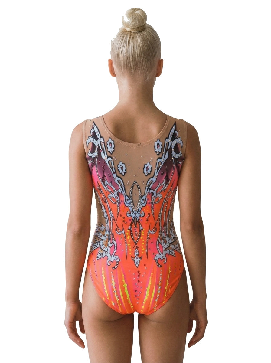Vinkova Turnanzug Horus, hinten: koralle und orange, ornamentale Muster.