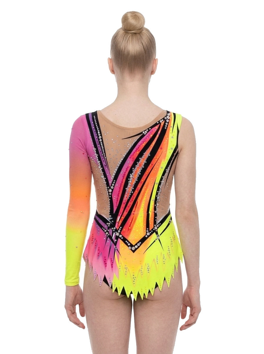 Vinkova Turnanzug Lily, hinten: rosa, orange und neongelb, schwarze Diagonalen, hautfarbener V-Einsatz.