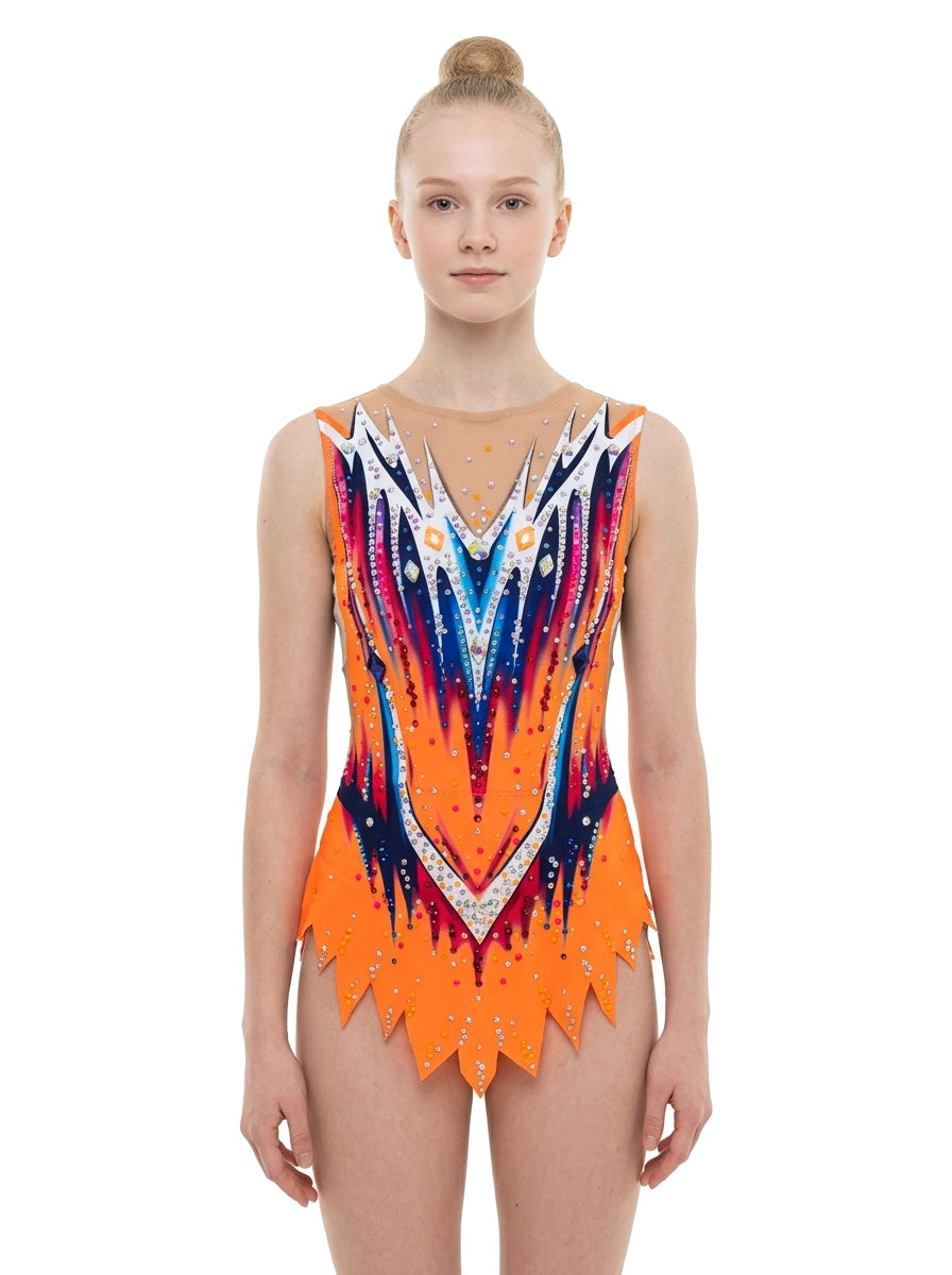 Vinkova RSG-Turnanzug Regina, vorn: orange, blau und weiß, V-förmige Linien.