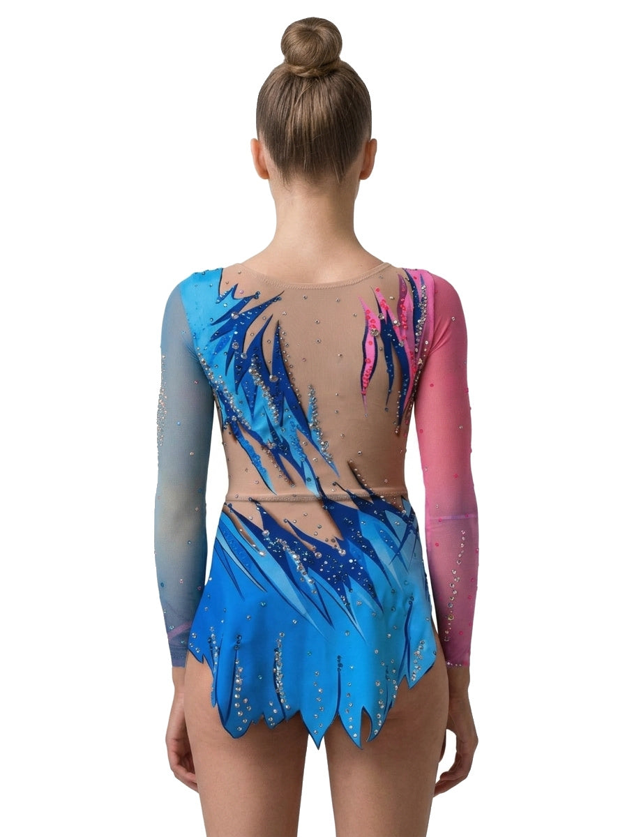 Vinkova Turnanzug Viva, hinten: blau und rosa, lange Ärmel, hautfarbener Einsatz.